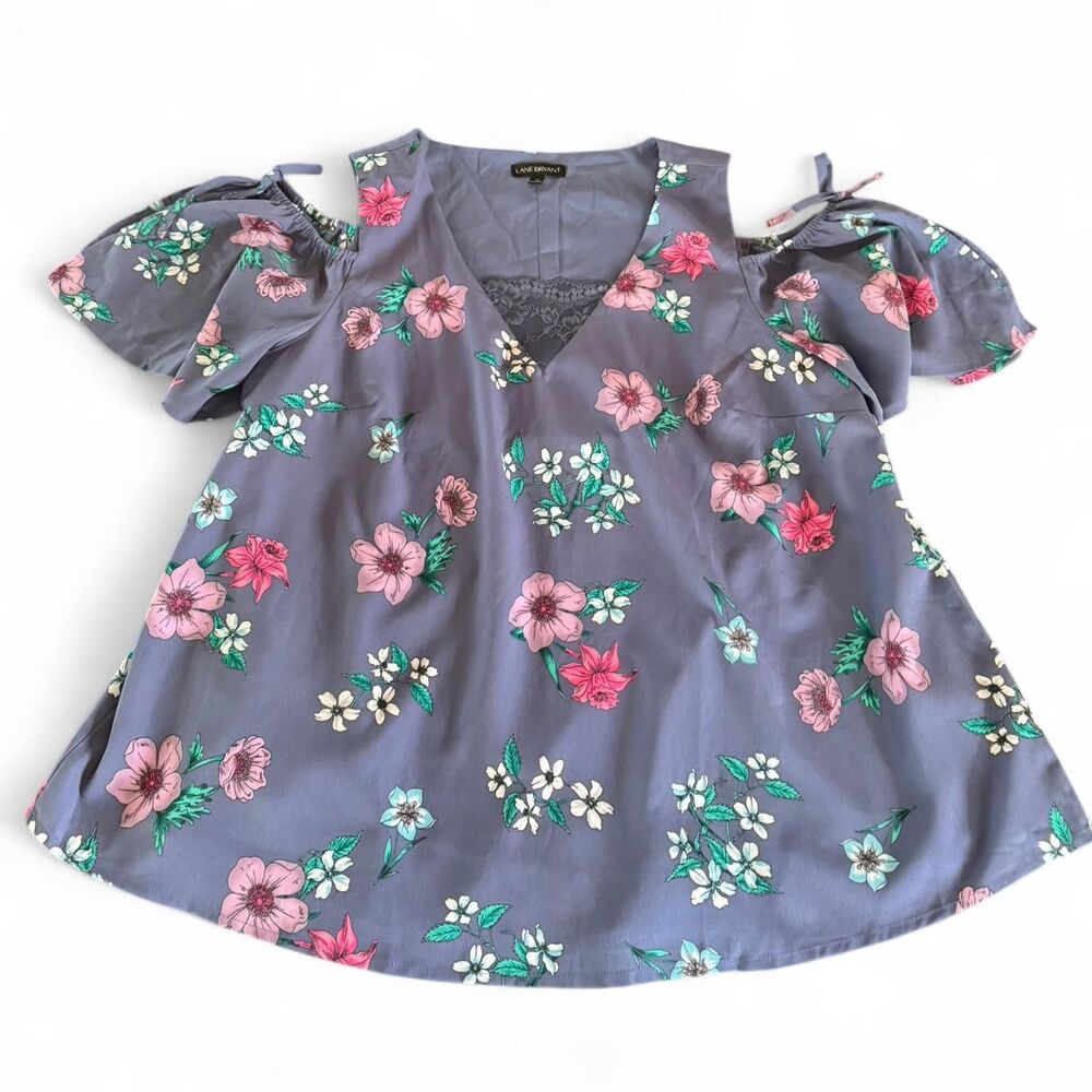 Lane Bryant Purple Blue Periwinkle Floral Blouse 14 Cold Shoulder